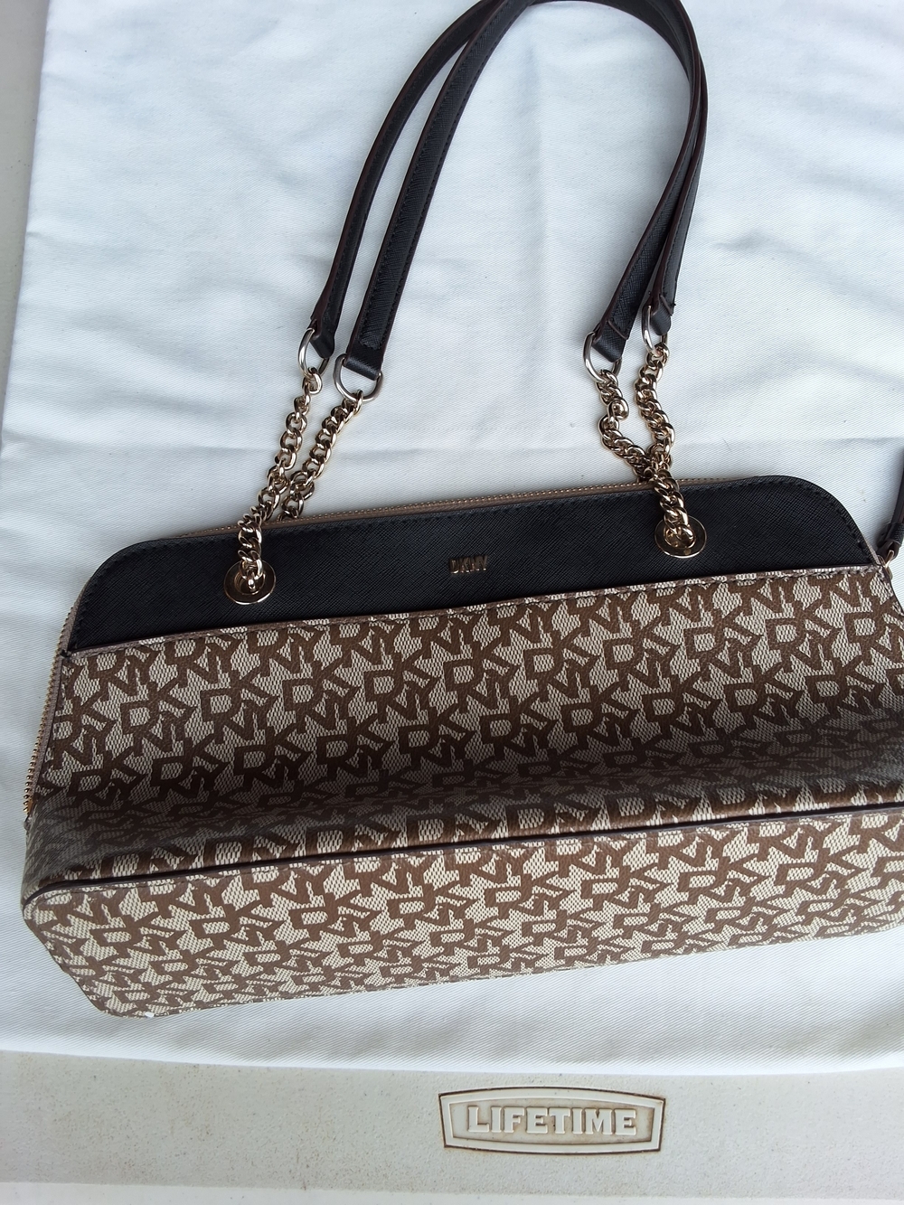 DKNY Brown and Cream Logo-Print Shoulder Bag with Chain Straps